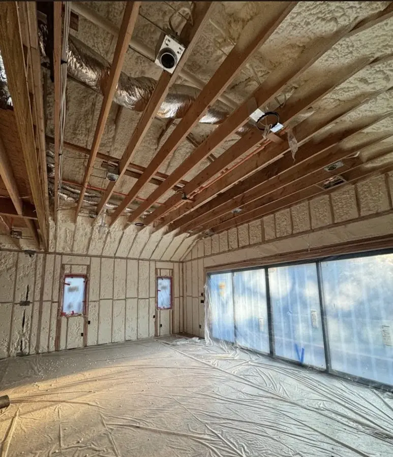 Interior walls and ceiling insulated with spray foam during new construction in Massanetta Springs